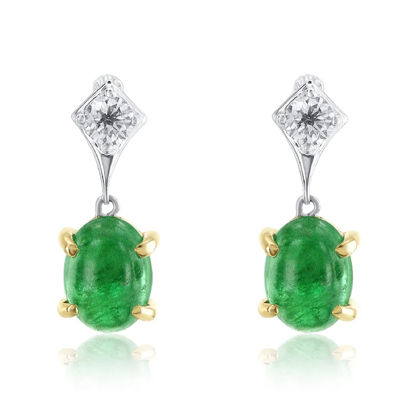 women's earrings white gold -2.40 Carat Emerald And 0.30 Carat Round Natural Dangle Earrings in 14K White And Yellow Gold