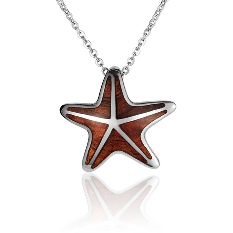 women's necklaces platinum -Sterling Silver Koa Wood Cushion Starfish Pendant18" Necklace