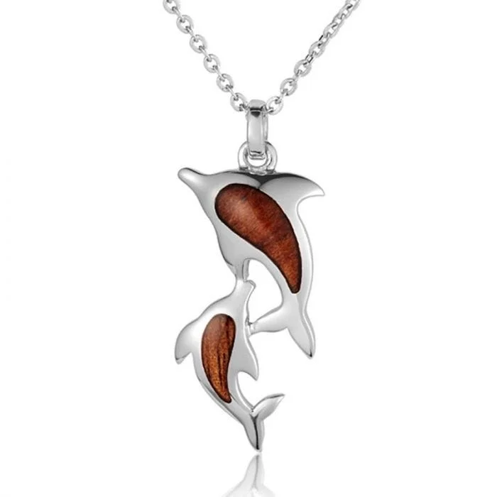 women's necklaces celestial theme -Sterling Silver Koa Wood Double Dolphin Pendant 18" Necklace