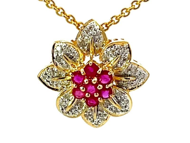 women's necklaces art deco -Ruby and Diamond Flower Necklace Solid 18k Yellow Gold