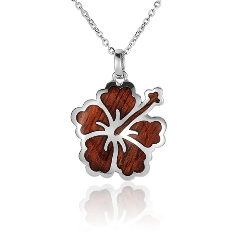 women's necklaces luxury elegance -Sterling Silver Koa Wood Intricate Hibiscus Pendant 18" Necklace