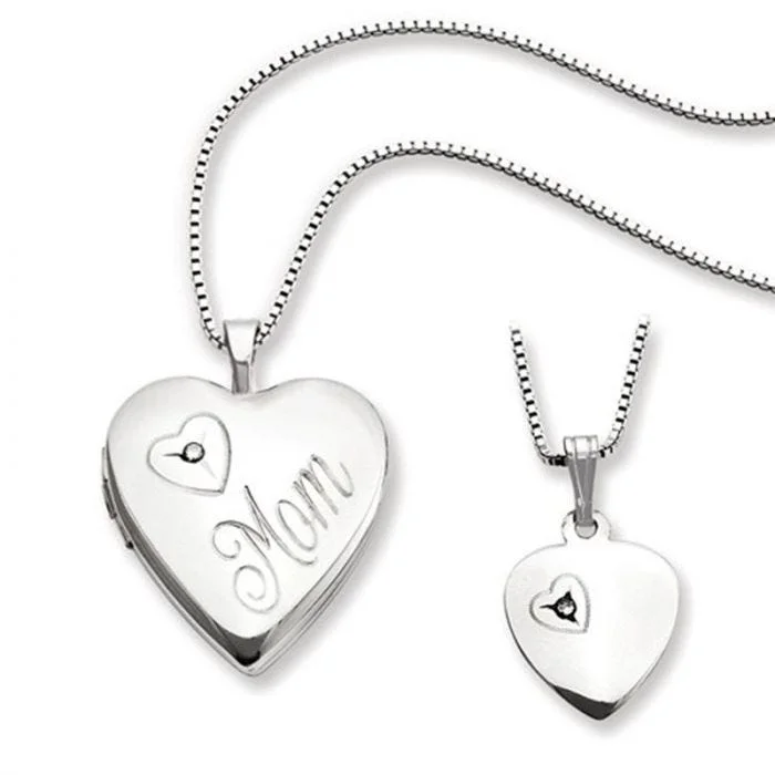 women's necklaces casual yet chic -Sterling Silver Diamond Heart Locket & Pendant Necklace Set