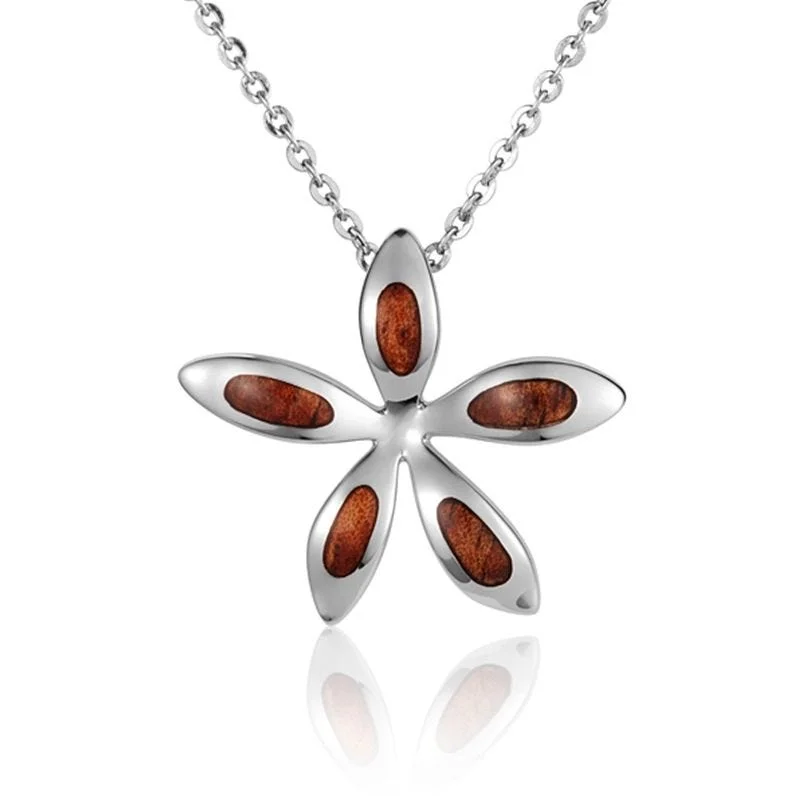 women's necklaces rose gold -Sterling Silver Koa Wood Plumeria Flower Pendant18" Necklace