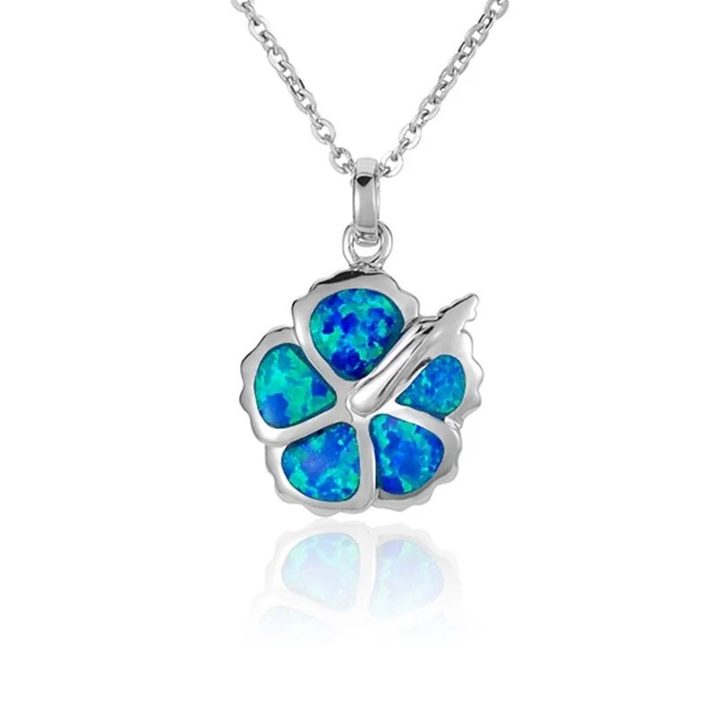 women's necklaces celestial moon and stars -Sterling Silver Hibiscu Necklace with Opal Inlay