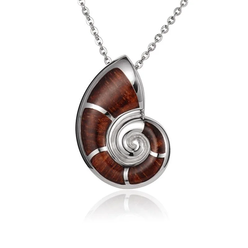 women's necklaces locket pendant -Sterling Silver Koa Wood Nautilus Seashell Pendant18" Necklace