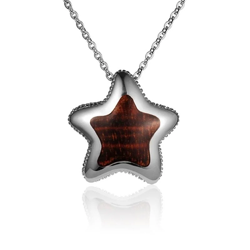 women's necklaces sapphire -Sterling Silver Koa Wood Solid Inlay Cushion Starfish Pendant18" Necklace