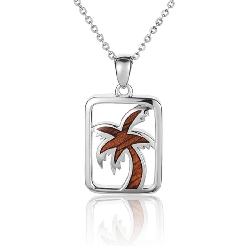 women's necklaces elegant and modern -Sterling Silver Koa Wood Square Frame Palm Tree Pendant18" Necklace