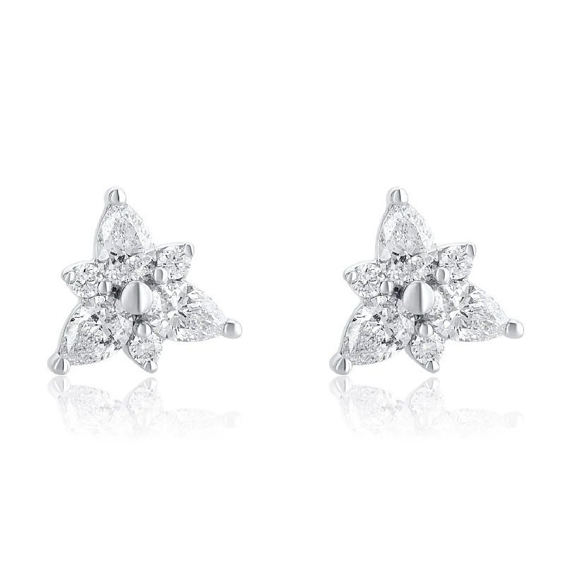 women's earrings gemstone earrings -0.40 Carat Round and Pear Shape Flower Earrings in 14K White Gold