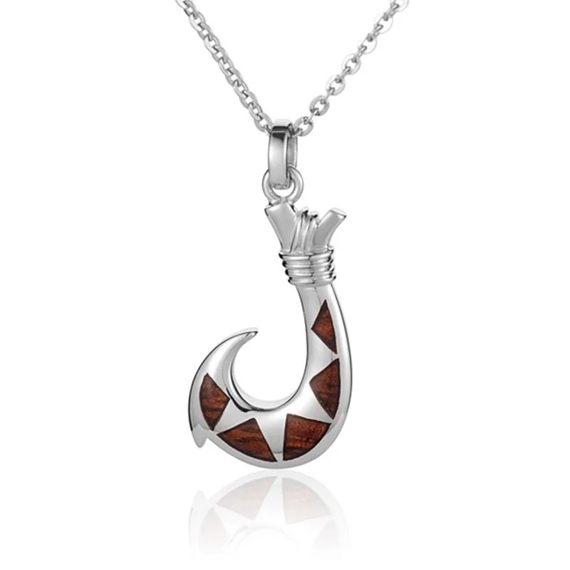 women's necklaces modern design -Sterling Silver Koa Wood Triangle Inlay Polynesian Fishing Hook Pendant18" Necklace