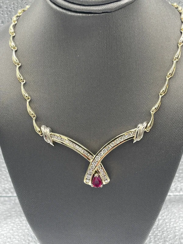 women's necklaces gemstone halo -Ladies Incredible 14 Karat Gold Ruby and Diamond Cocktail Necklace