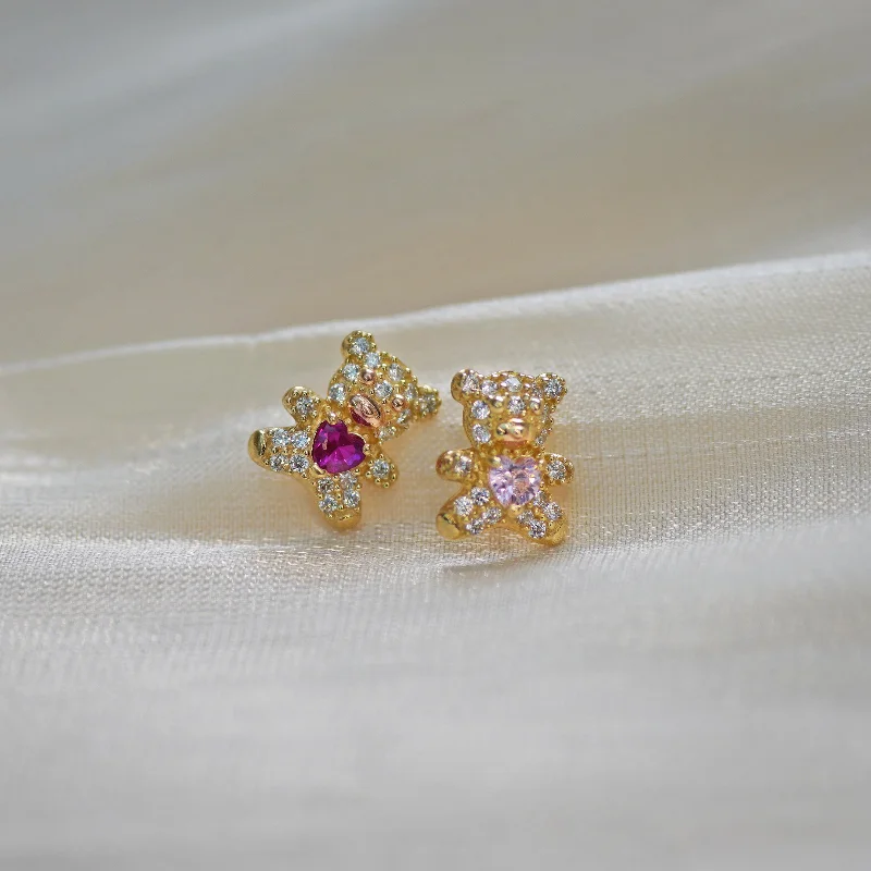 women's earrings sapphire crystal -Teddy Bear with Heart Stud Earrings