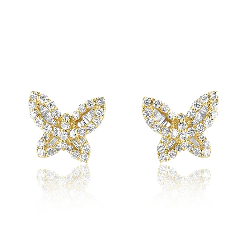 women's earrings cubic zirconia -0.60 Carat Baguette and Round Diamond Butterfly Studs in 14K Yellow Gold