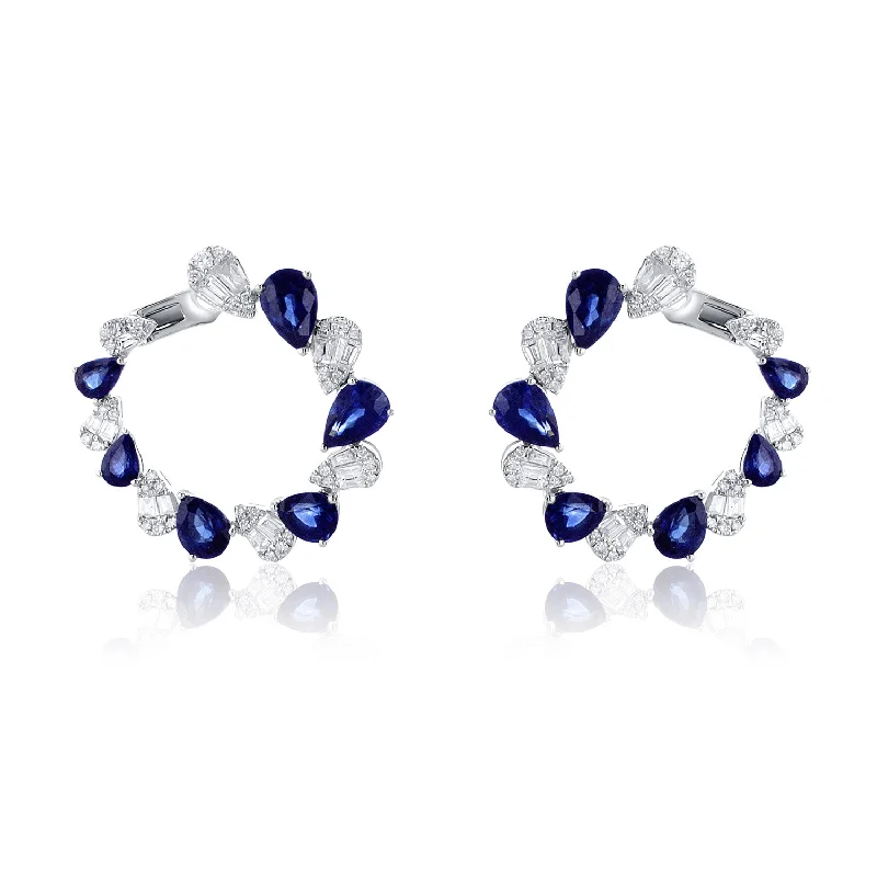 women's earrings for sensitive ears -4.75 Carat Blue Sapphire and 1.00 Carat Diamond Alternating Hoops set in 18K White Gold