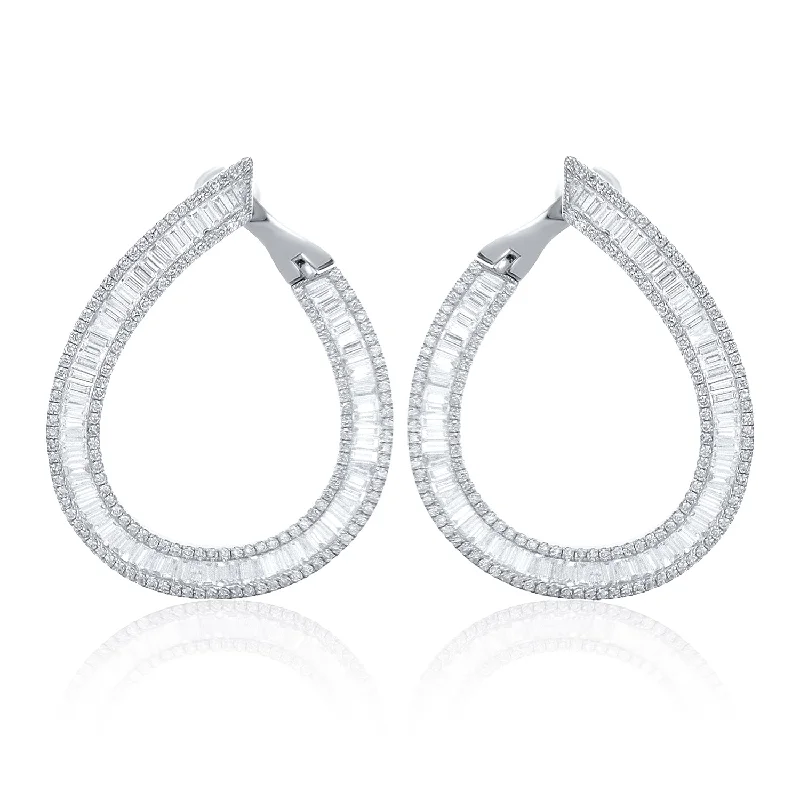 women's earrings silver -6.90 Carat Baguette and Round Diamond Fashion Hoop Earrings in 18K White Gold