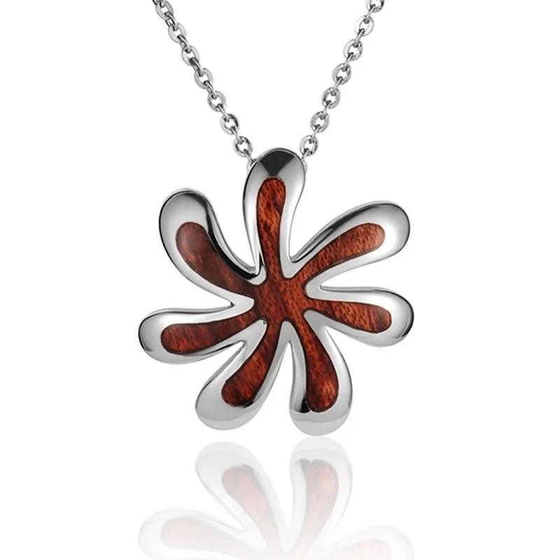 women's necklaces wedding jewelry -Sterling Silver Koa Wood Twisting Tiare Flower Pendant18" Necklace