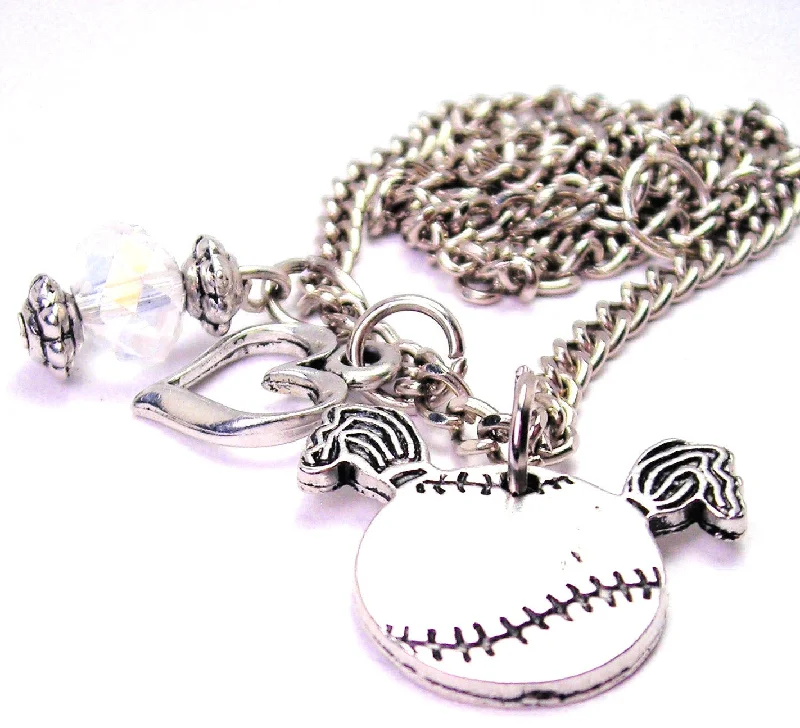 women's necklaces personalized name -Softball With Pigtails Heart And Crystal Necklace