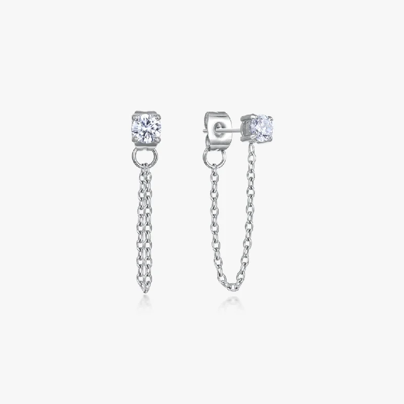 women's earrings artistic touch -Single Gem Chain Silver Earrings