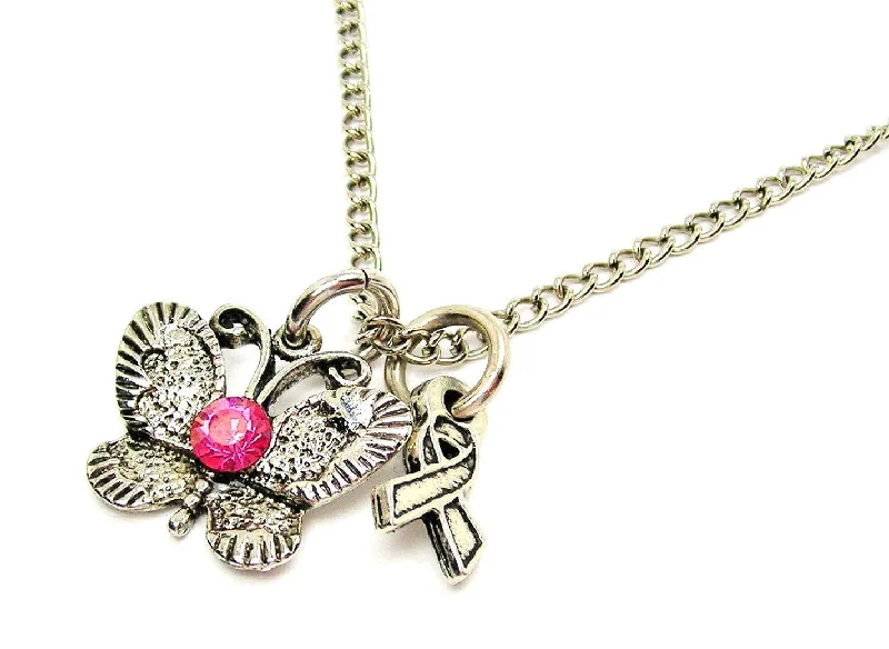 women's necklaces vintage style -Crystal Butterfly With Awareness Ribbon Necklace