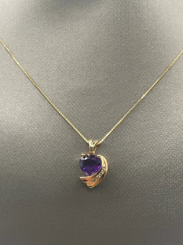 women's necklaces delicate chain -Ladies 14 Karat Solid Yellow Gold Amethyst and White Diamond Heart Necklace