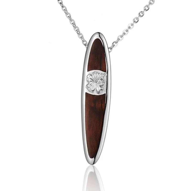 women's necklaces casual yet chic -Sterling Silver Koa Wood Flower Engraved Surfboard Pendant18" Necklace