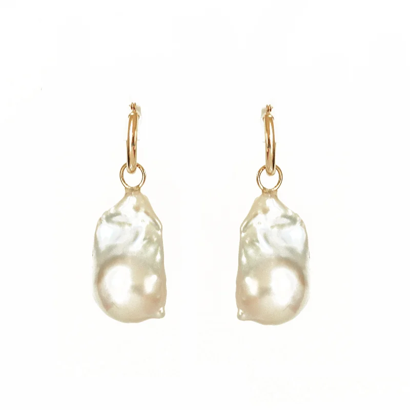 women's earrings baroque style -Large Baroque Pearl & Gold Hoop Earrings