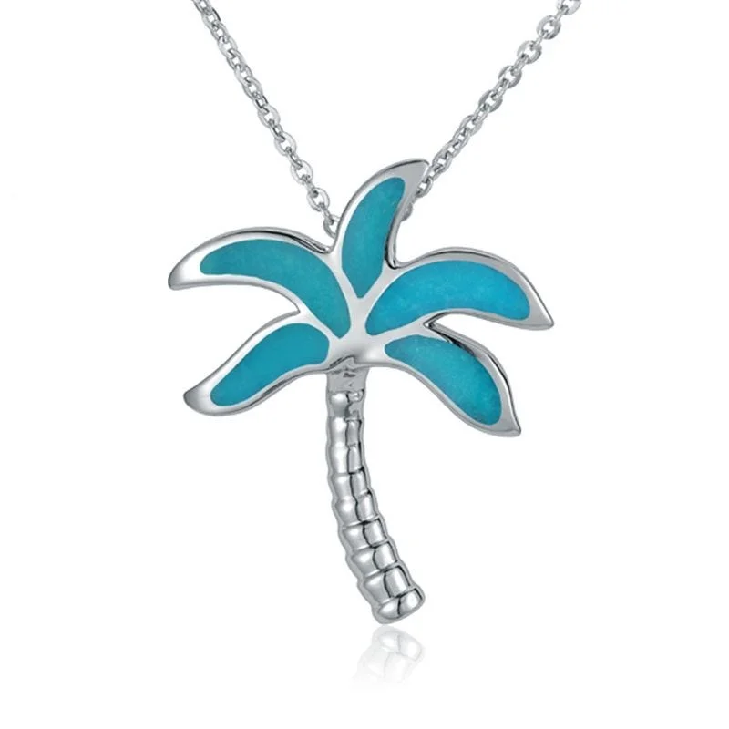 women's necklaces amethyst gemstone -Sterling Silver Palm Tree Necklace with Turquoise Inlay