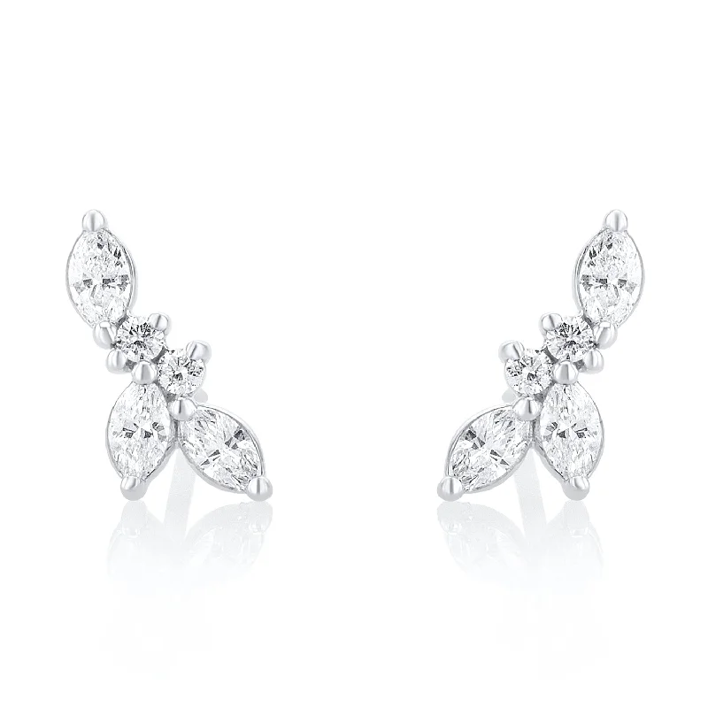 women's earrings handcrafted jewelry -0.40 Carat Marquise and Round Natural Diamond Earrings in 14K White Gold