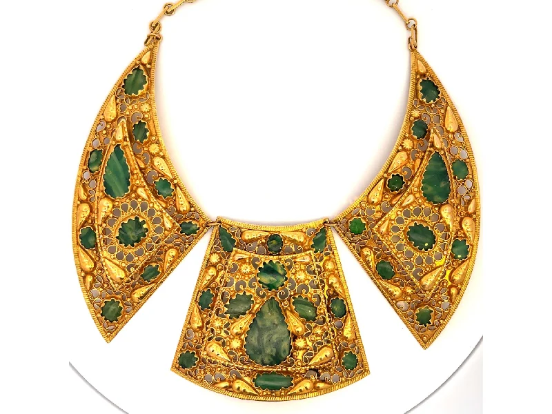 women's necklaces statement gemstone -Rare Gold Egyptian Necklace with Green Venetian Stained Glass