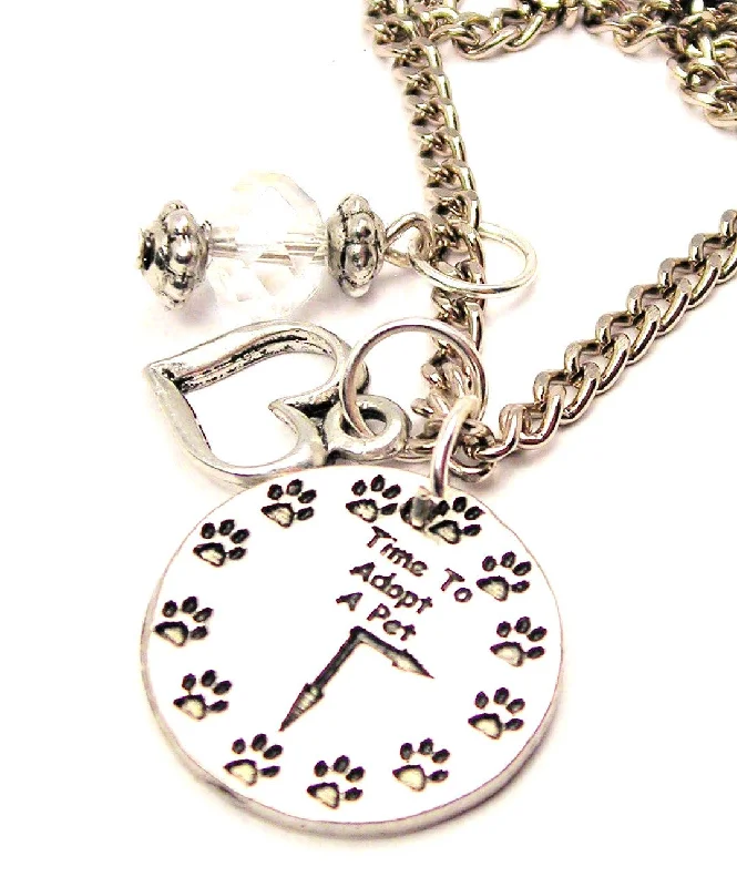 women's necklaces unique design -Time To Adopt A Pet Clock With Paw Prints Necklace with Small Heart