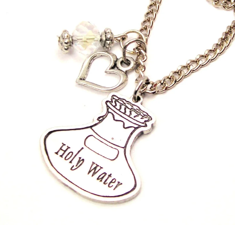 women's necklaces for daily wear -Holy Water Bottle Necklace with Small Heart