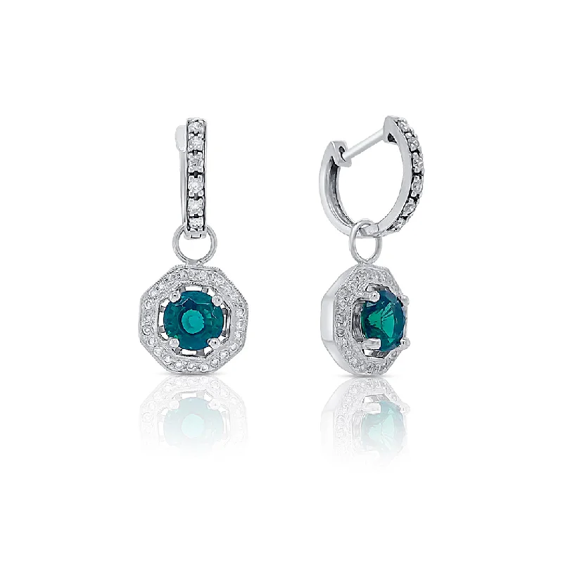 women's earrings bold fashion -1.63 Cttw Round Lab Grown Emeralds and 0.60 Cttw Round Diamond Halo 14K White Gold Drop Earrings