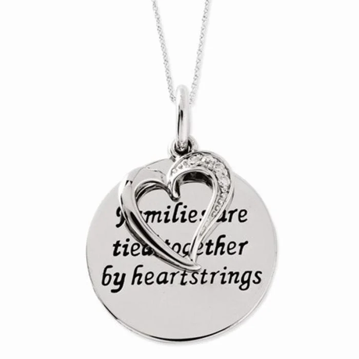 women's necklaces sapphire -Antiqued Sterling Silver CZ Heart & “Families Are Tied Together” Pendant Necklace