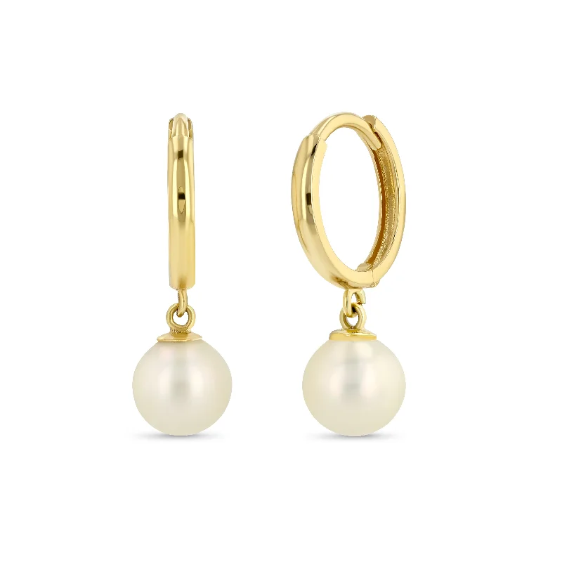 women's earrings white gold -Huggies with Pearl Drops