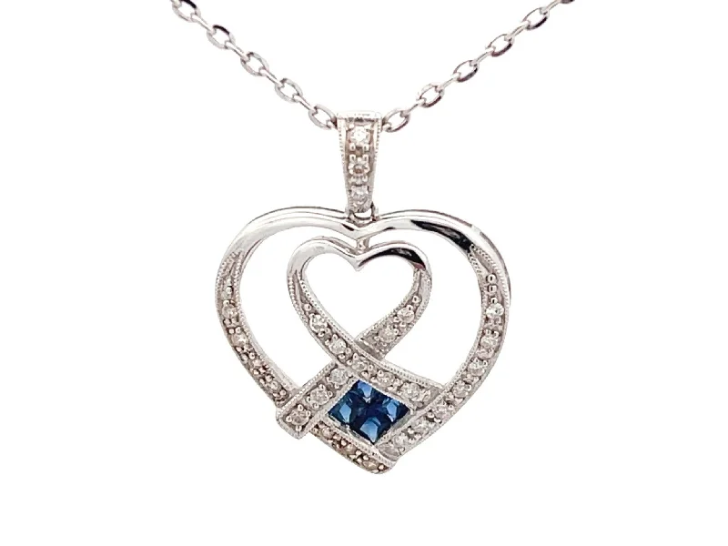 women's necklaces trendy and stylish -Diamond and Sapphire Heart Necklace in 18k White Gold