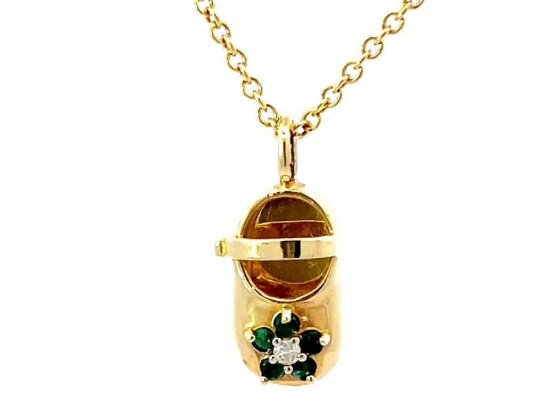 women's necklaces statement gemstone -Emerald Diamond Flower Shoe Pendant Necklace Solid 14K Yellow Gold