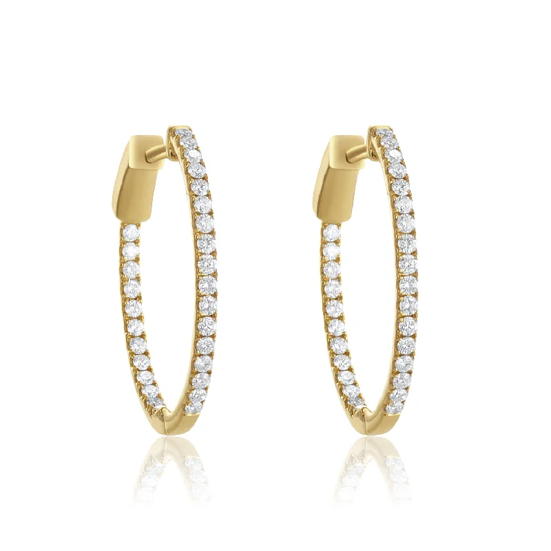 women's earrings intricate design -.75 Cttw Round Diamond Inside out Oval Hoops set in 14k Yellow Gold