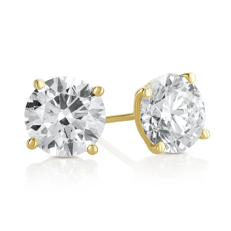 women's earrings with mixed metals -3.11 Carat Round Lab Grown Diamond Ear Studs IGI Certified set in 14K Yellow Gold (4 Prong Setting)