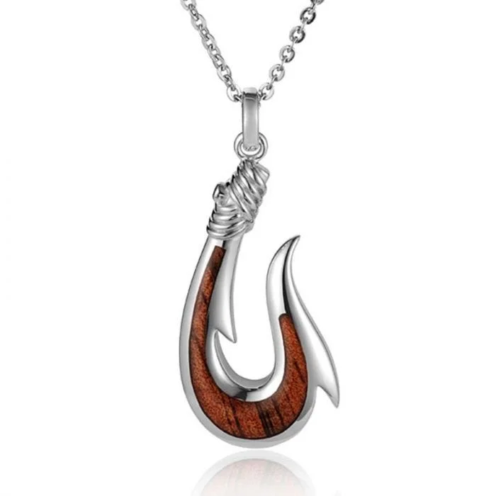 women's necklaces choker style -sterling-silver-koa-wood-large-fishing-hook-pendant-18-necklace-610684