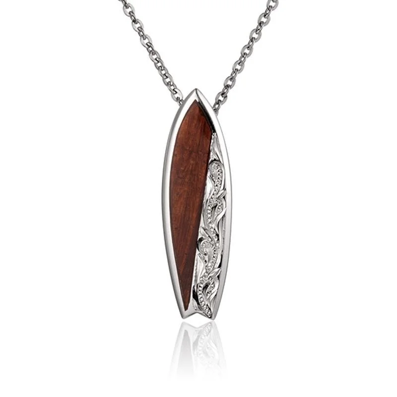 women's necklaces with diamond cluster -Sterling Silver Koa Wood Filigree Engraved Surfboard Pendant18" Necklace