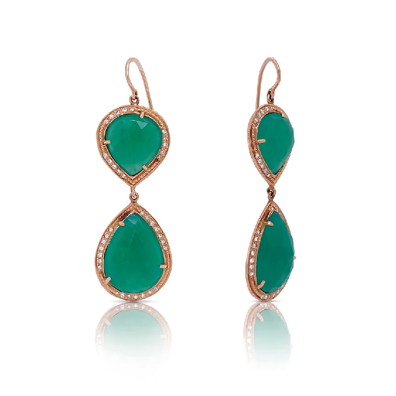 women's earrings anniversary gift -Emerald and 0.80 Cttw Diamond 14K Rose Gold Dangle Estate Earrings