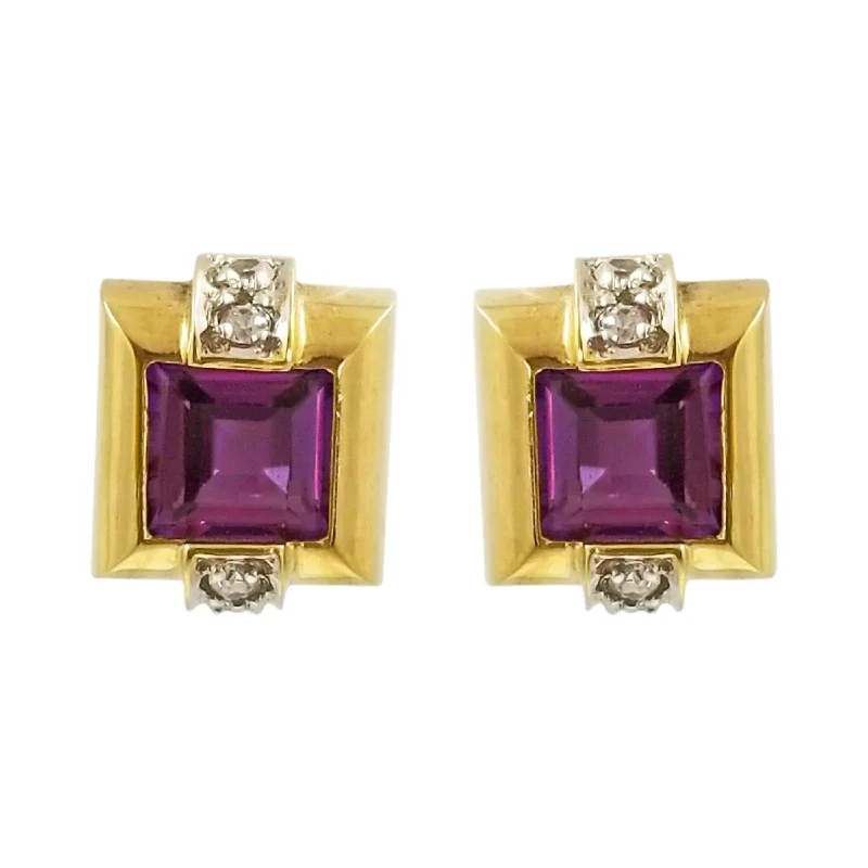 women's earrings thin and stylish -9 kt Yellow Gold Square Earrings with Amethyst and White Cubic Zircon