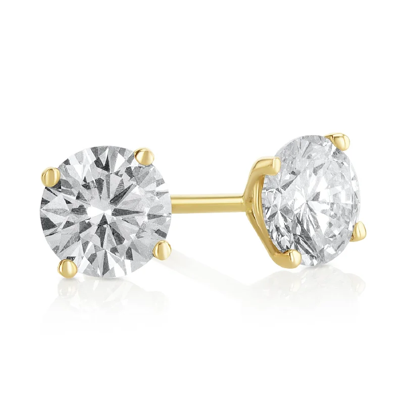 women's earrings petite and stylish -1.02 Carat Round Lab Grown Diamond Ear Studs set in 14K Yellow Gold (4 Prong)