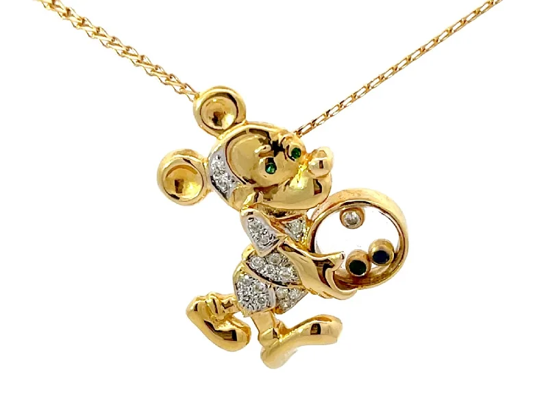 women's necklaces luxury elegance -Diamond Emerald Sapphire Mickey Mouse Pendant Necklace Solid 18k Yellow Gold