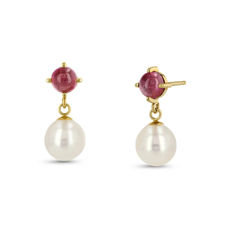 women's earrings Christmas gift -Stone Pearl Drops - Pink Tourmaline