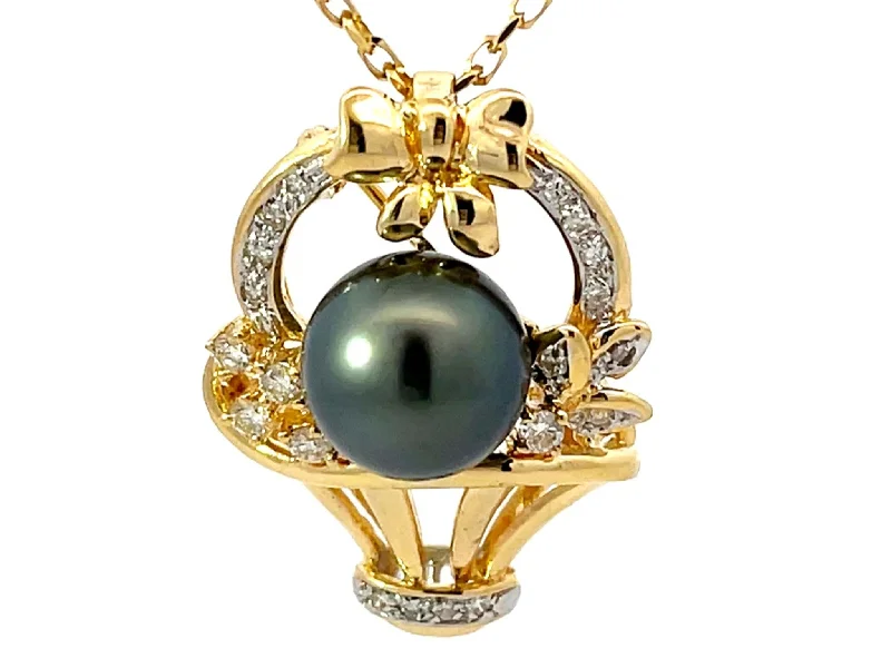 women's necklaces baroque style -Tahitian Pearl Diamond Basket Pendant Necklace Solid 18k Yellow Gold