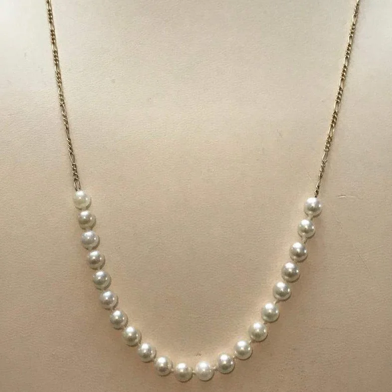 women's necklaces classic style -14K Karat Solid Yellow Gold Figeroe Necklace With Genuine White Pearls