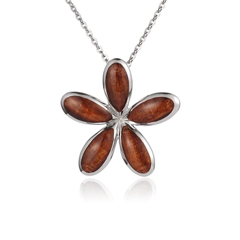 women's necklaces cross pendant -Sterling Silver Koa Wood Solid Inlay Plumeria Flower Pendant18" Necklace