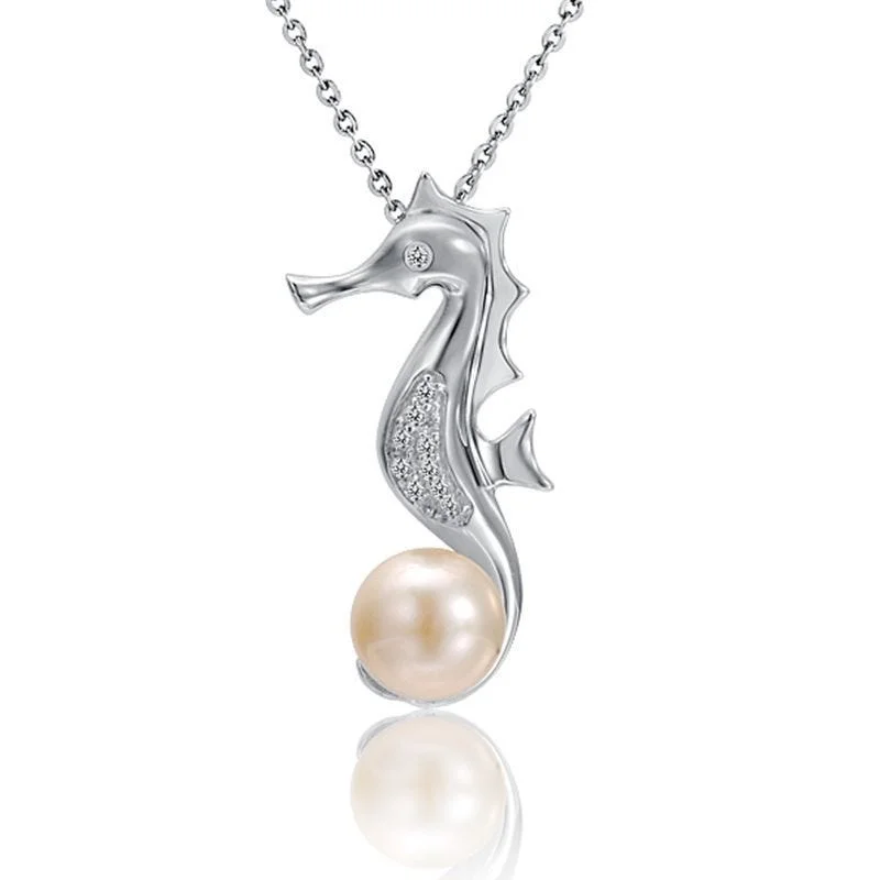 women's necklaces diamond solitaire -Seahorse White Pearl Necklace