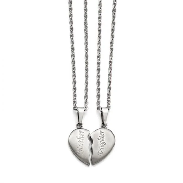 women's necklaces platinum -Stainless Steel Brushed ½ Heart Mother/Daughter Pendant Necklace Set