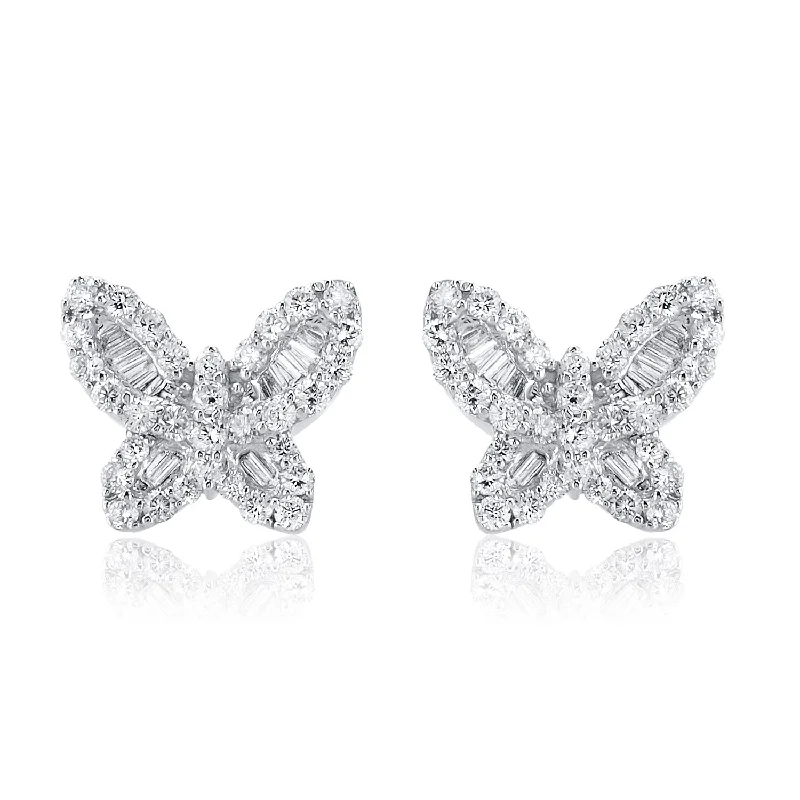 women's earrings infinity design -0.60 Carat Baguette and Round Diamond Butterfly Studs in 14K White Gold